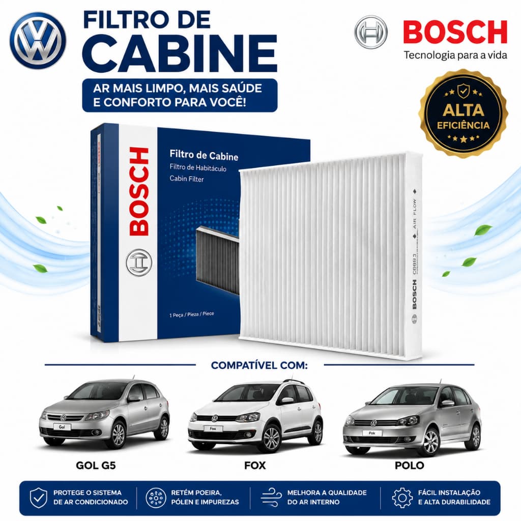 Filtro de Cabine Ar Condicionado VW Gol G5 G6 G7 G8 Fox Polo Voyage Saveiro Original Bosch CB0512