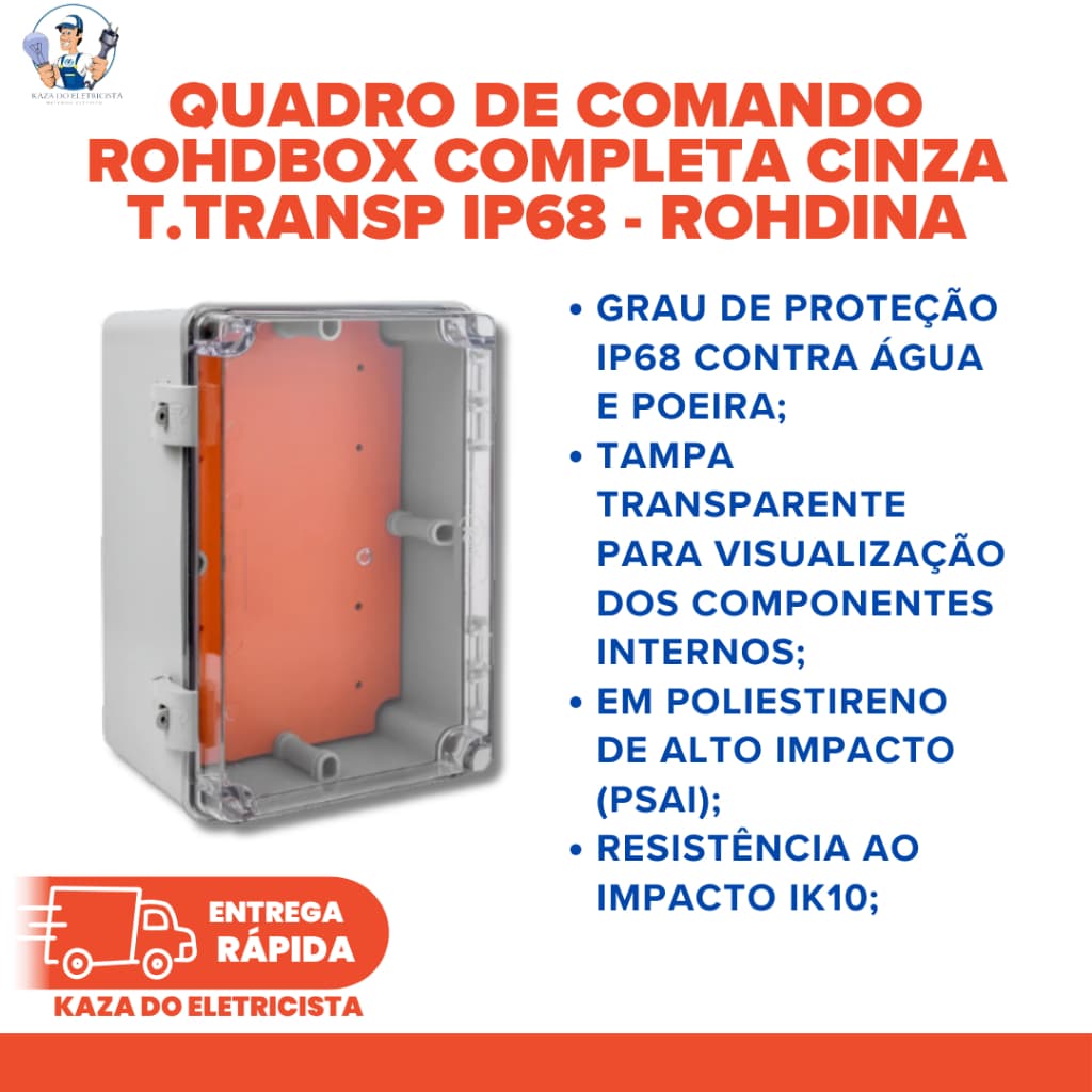 Quadro de Comando Rohdbox Completo 300x200x150mm Cinza Tampa Transparente IP68 Ref. 888257 Rohdina