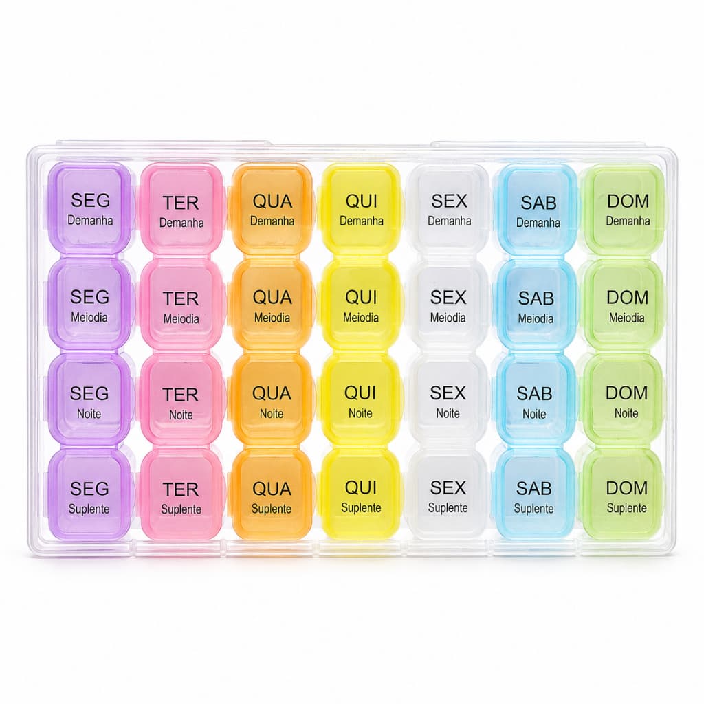 Porta Comprimidos Semanal Com 28 Compartimentos Multicoloridos Para Remédios Prático E Útil