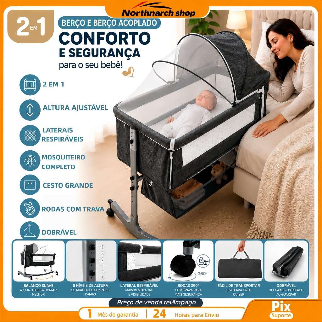 Berço Moisés Portátil com Rodas Dobrável com Balanço Mosquiteiro e Altura Ajustável–Leve e Fácil de Guardar