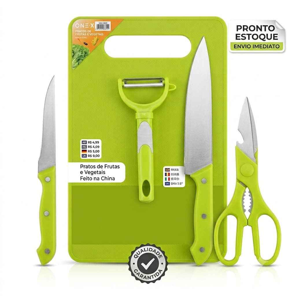 Kit De Facas Cozinha 5 Peças Inox Com Tábua Carne Tesoura Descascador Utensílios Casa OneX