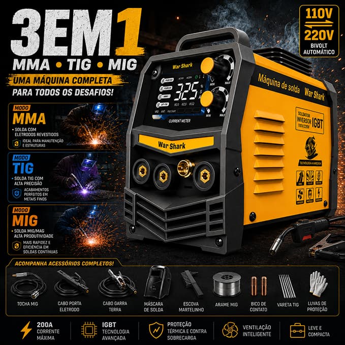 Máquina de Solda 325A 3em 1 MMA+MIG+TIG Bivolt Portátil Potente Estável com LCD Ideal para Reparos e Construção