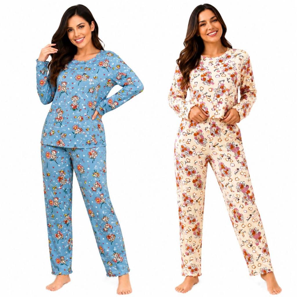 Pijama Longo Feminino Adulto Malha Confortável Manga Comprida Inverno Macio Estampado Roupa de Dormir