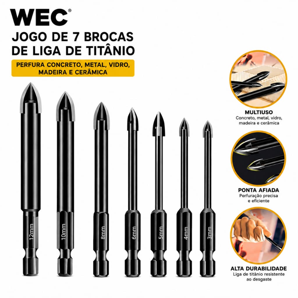 Kit com 7 Brocas Triangulares Profissionais de Carboneto de Titânio de 3 a 12 mm para Perfurar Tudo