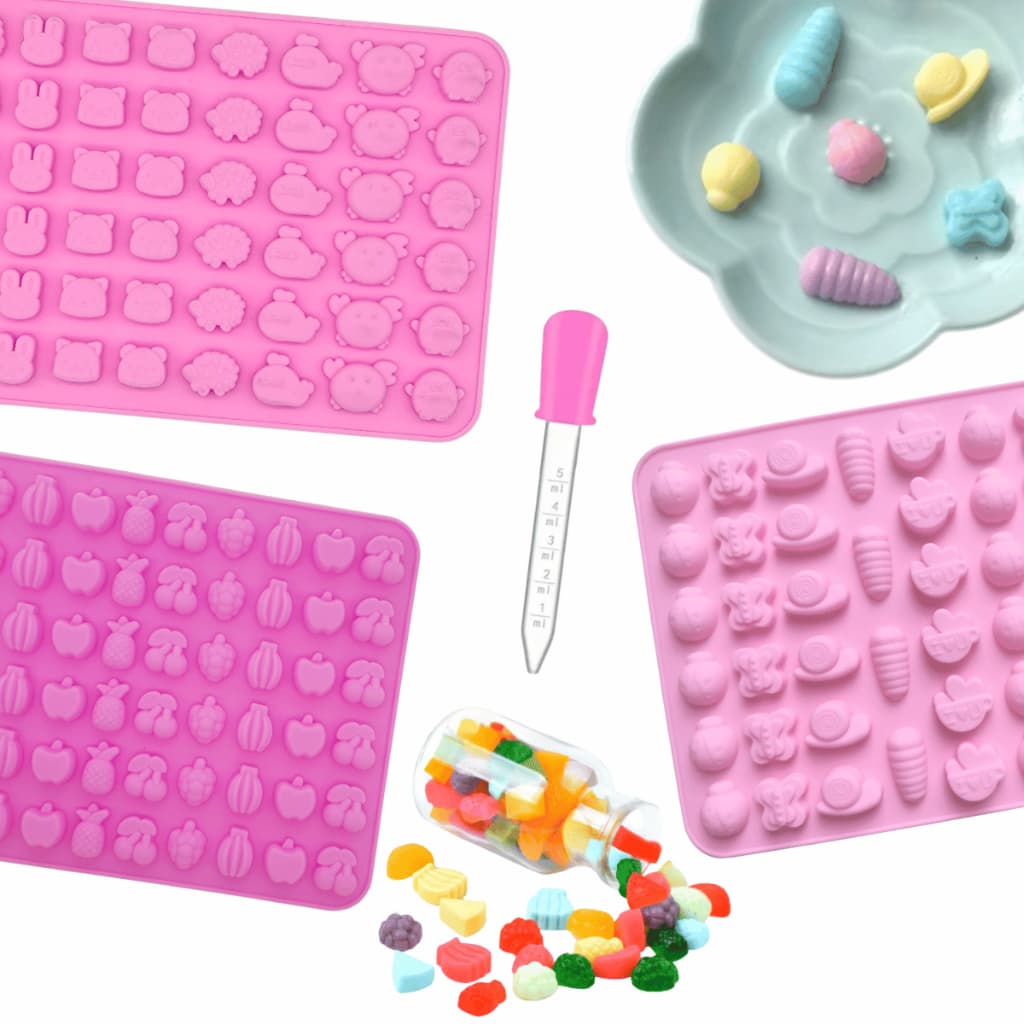 Kit 3 Moldes de Silicone com Conta Gotas Gummy Frutas Animais Borboletas Forma Gelatina Balas Fini