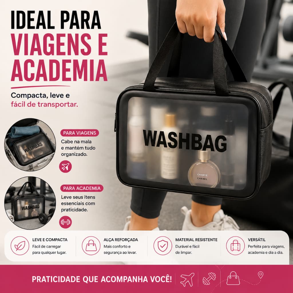 Necessaire Organizadora Transparente Viagem Maquiagem Higiene Academia Porta Cosméticos com Alça