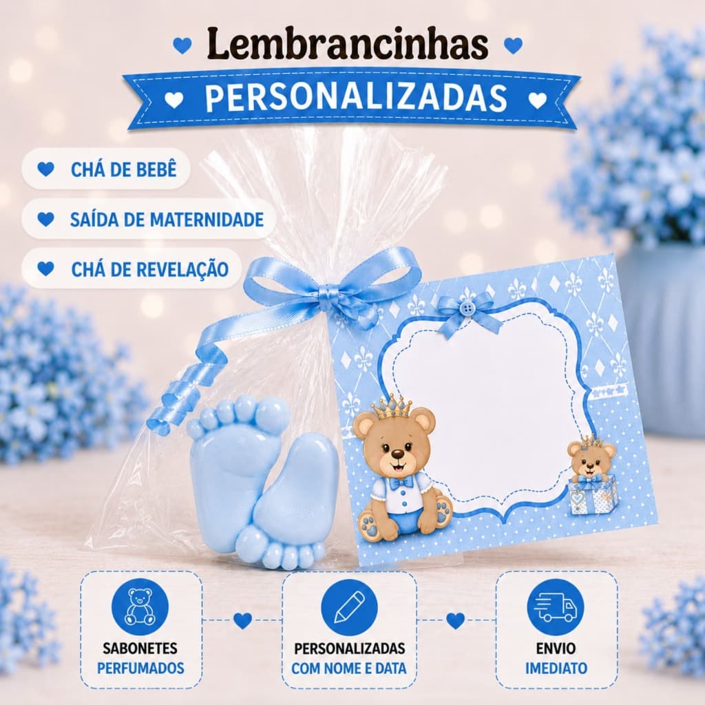 30 Sabonetes Perfumados Personalizados para Mesversário - Tema Ursinho Príncipe 15 pares