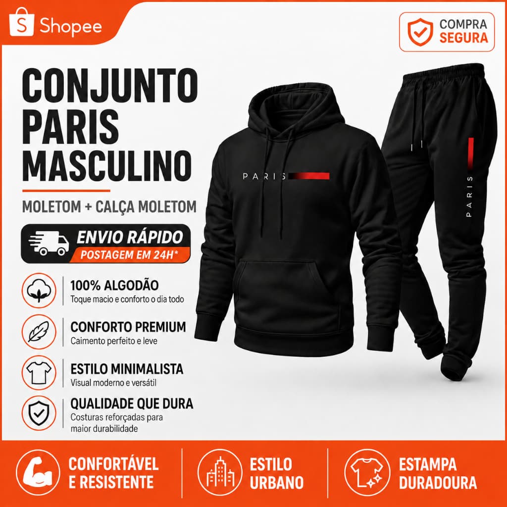 Conjunto Moletom Unissex Estampado Paris Calça e Blusa Com Capuz Bolso Canguru