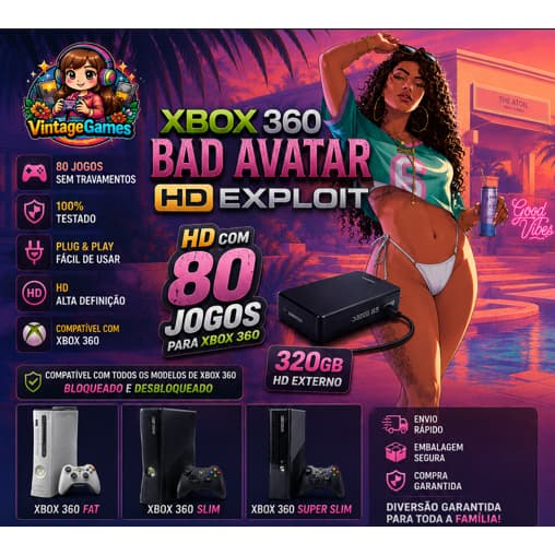 HD Externo 320GB Xbox 360 Bad Avatar HD Exploit + 80 Jogos | Compatível Fat Slim Super Slim Bloqueado e Desbloqueado