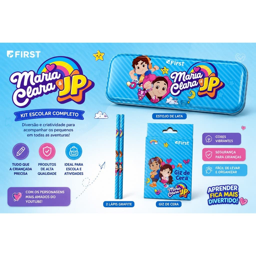 Kit Material Escolar Completo Maria Clara JP Estojo Lápis Borracha Giz de Cera Apontador Caderninho