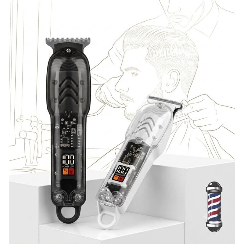 Máquina Cortar Cabelo Profissional Transparente Visor Lcd Acabamento Barba Barbeiro Sem Fio Bivolt Preto