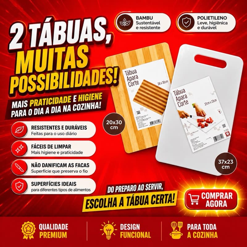 Kit 2 Tábuas Bambu e Polietileno de Corte Profissional para Carne Frutas Legumes para cozinha