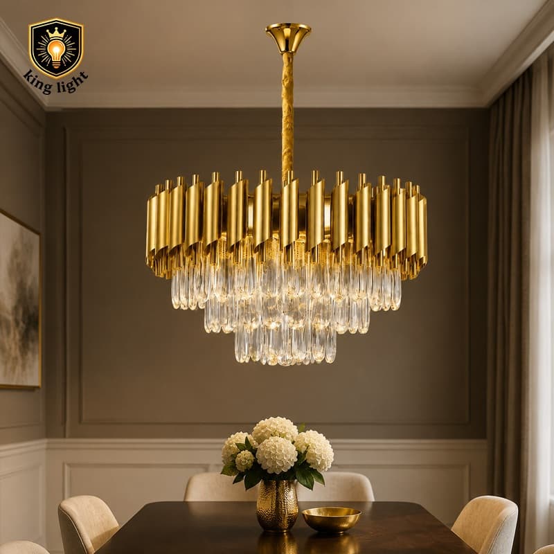 Lustre Pendente Teto Cristais Potente Redondo Para Sala de Jantar e Hall Bivolt - Luminária Dourado Luxo