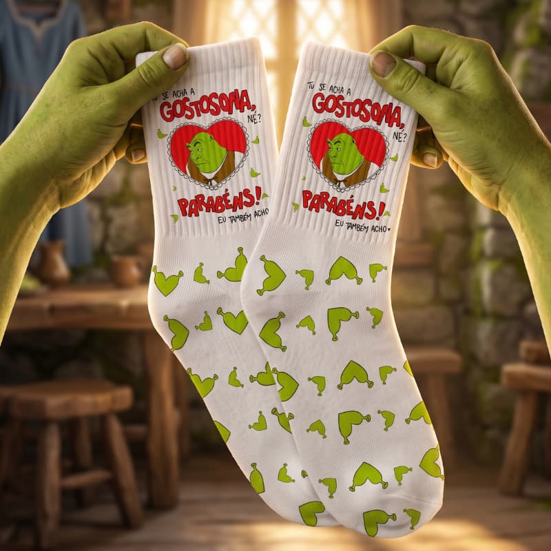 Meia Personalizada Shrek "Gostosão/Gostosona" Presente Engraçado, Meme Criativo e Divertido