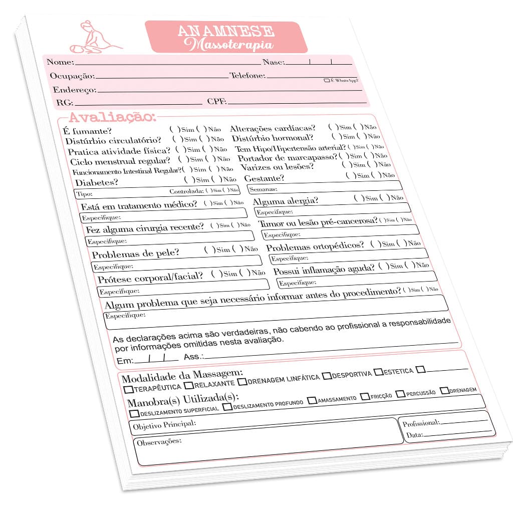 Ficha de Anamnese Massoterapia - 100 Folhas