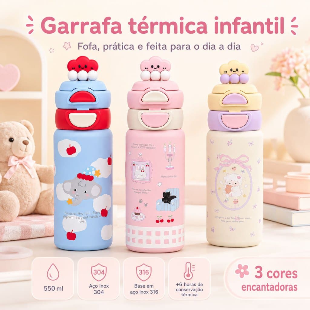 Garrafa Térmica Infantil 550ml Inox 304/316, Desenho Cartoon Fofo, Tampa Flip à Prova de Vazamento para Rotina Escolar