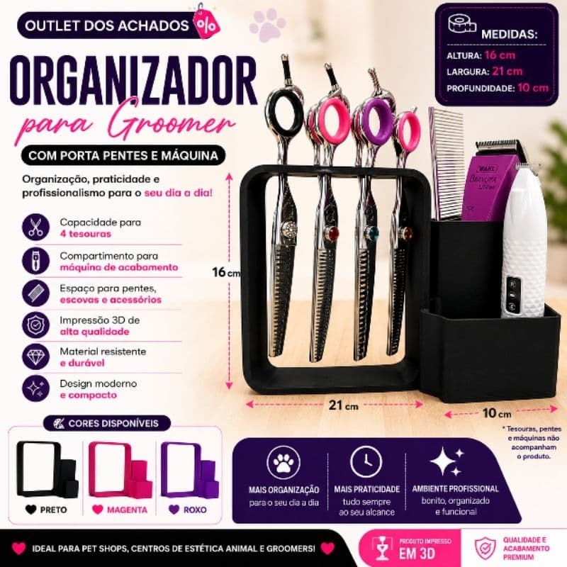 Organizador para Tesouras Groomer com Porta Pentes e Máquina | Suporte 3D Profissional