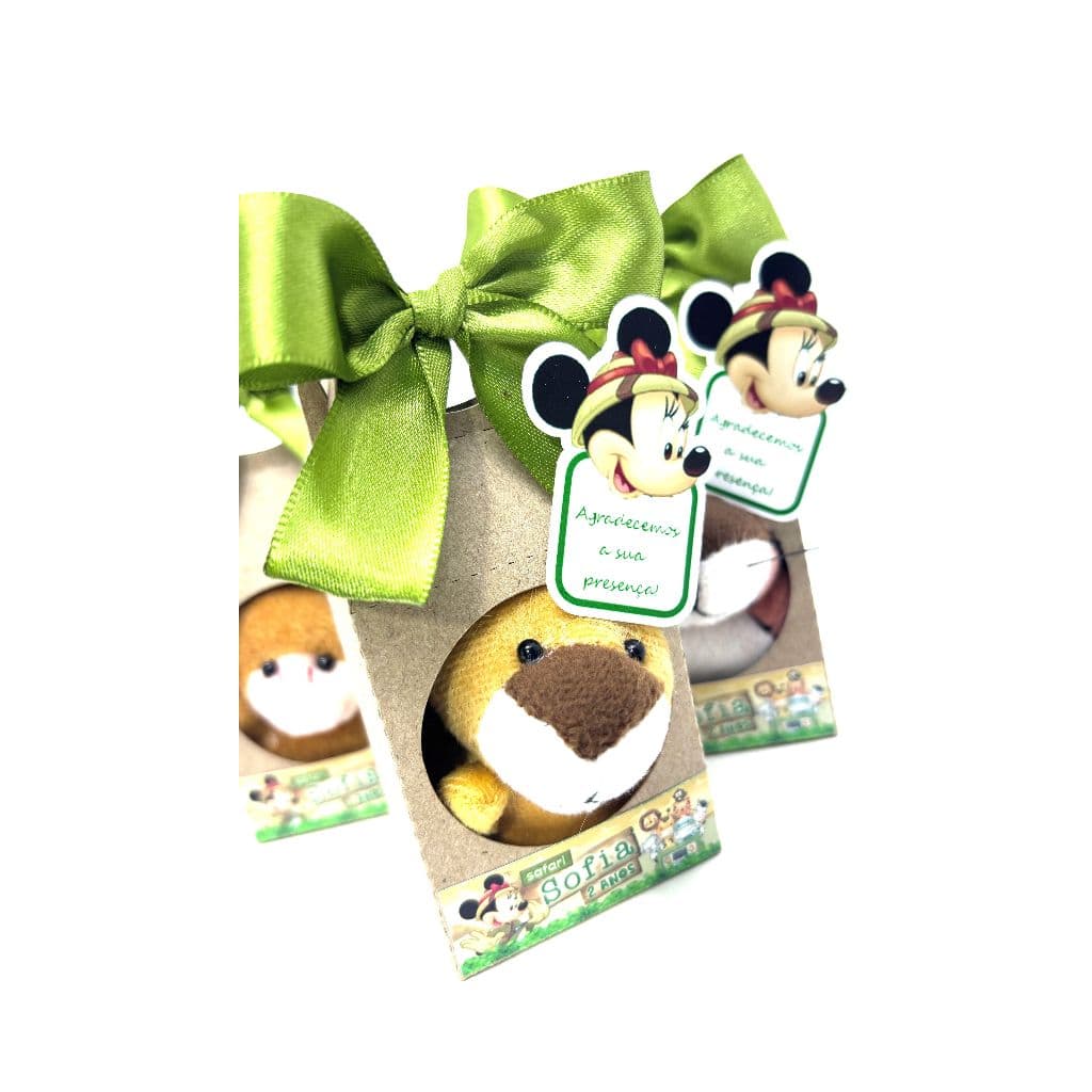 Minnie Safari 20 Lembrancinhas Pelucia 6 cm na Sacolinha Kraft decorada e personalizada com o nome e idade