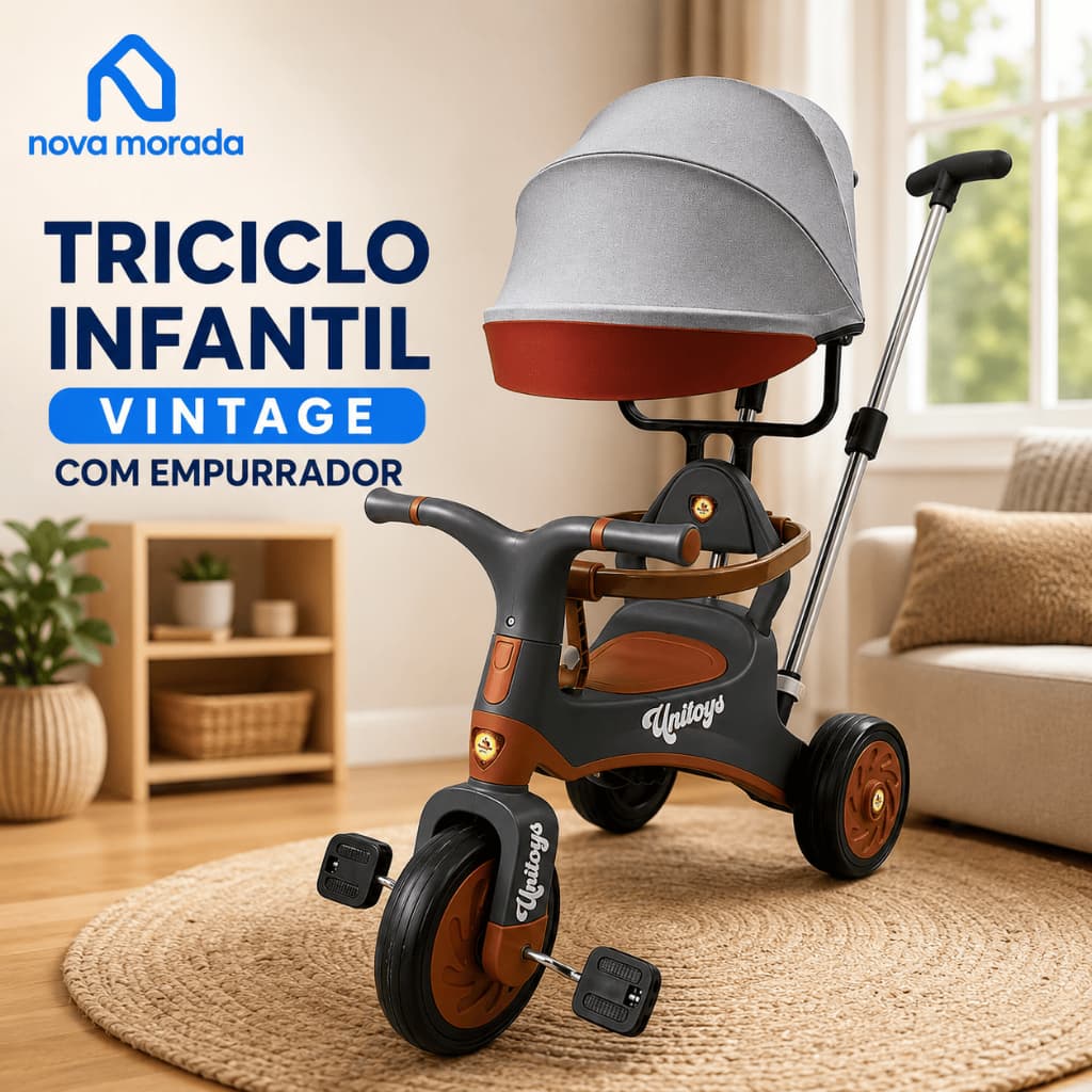 Triciclo Infantil com Empurrador Dirigível Capota Retrátil Pedal Proteção Lateral Vintage até 25kg