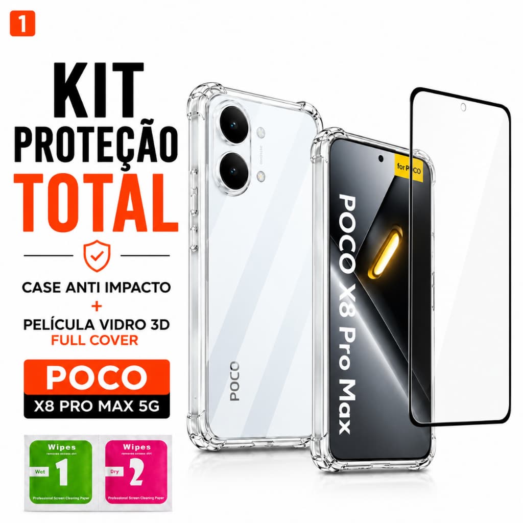 Kit Poco X8 Pro Max 5G Case Anti Impacto Transparente + Pelicula Frontal 3D Vidro Capa Premium Top