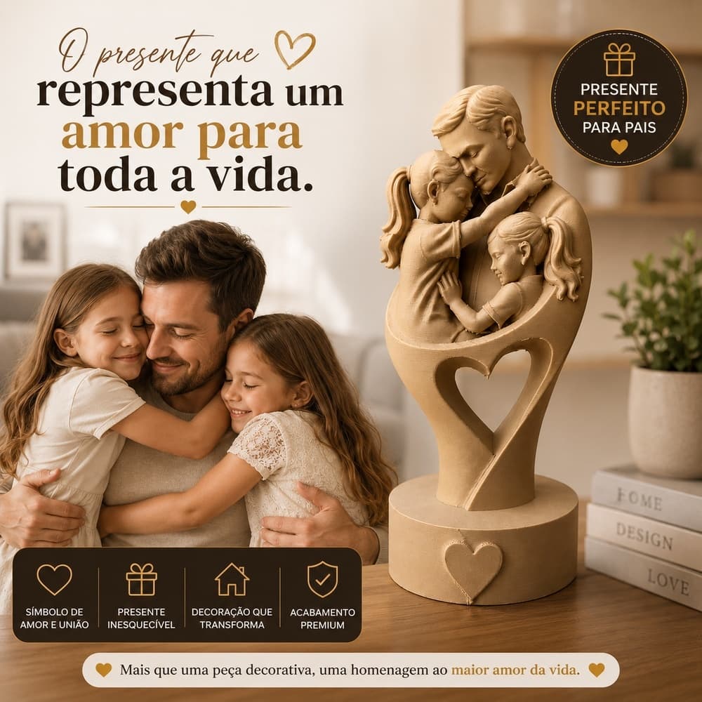 Escultura Decorativa Pai com Duas Filhas Presente Dia dos Pais Estátua Família Decoração Moderna Minimalista