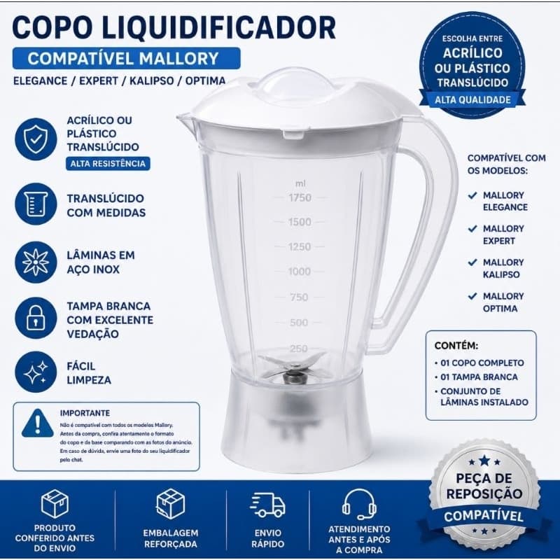 Copo Liquidificador Mallory Elegance Expert Kalipso Plástico Acrílico Branco Jarra Compatível Qualidade Envio Rápido