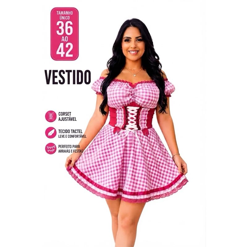 Vestido Junino Feminino Rodado Xadrez Corset Ajustável Festa Junina São João Tamanho Único 36 ao 42