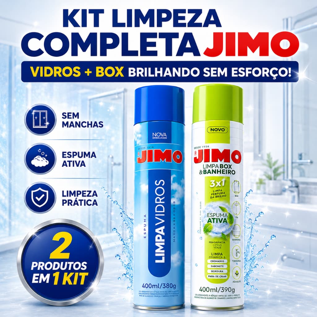 Kit Jimo Limpa Box e Limpa Vidros Spray 400ml Banheiro Espelhos Desengordurante