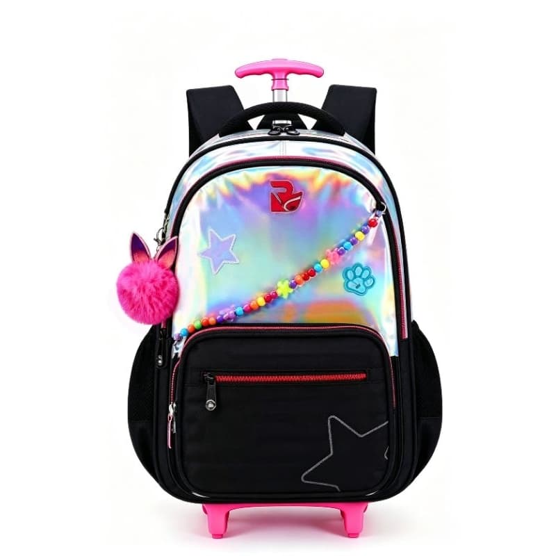 ​Mochila Rodinha Escolar Infantil Holográfica Chaveiro Pompom