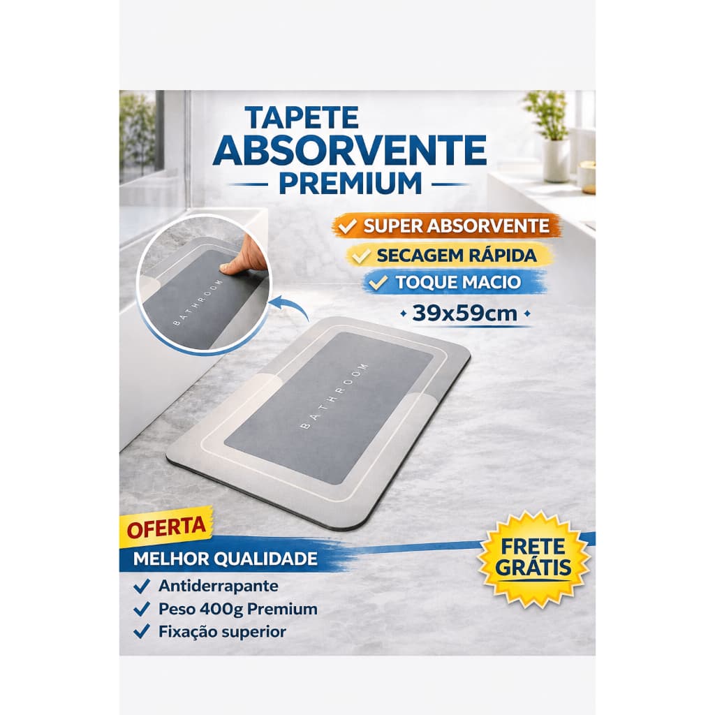 Tapete Banheiro Antiderrapante 400g Premium Super Absorvente Secagem Rápida Toque Macio Cozinha Varanda 39x59cm