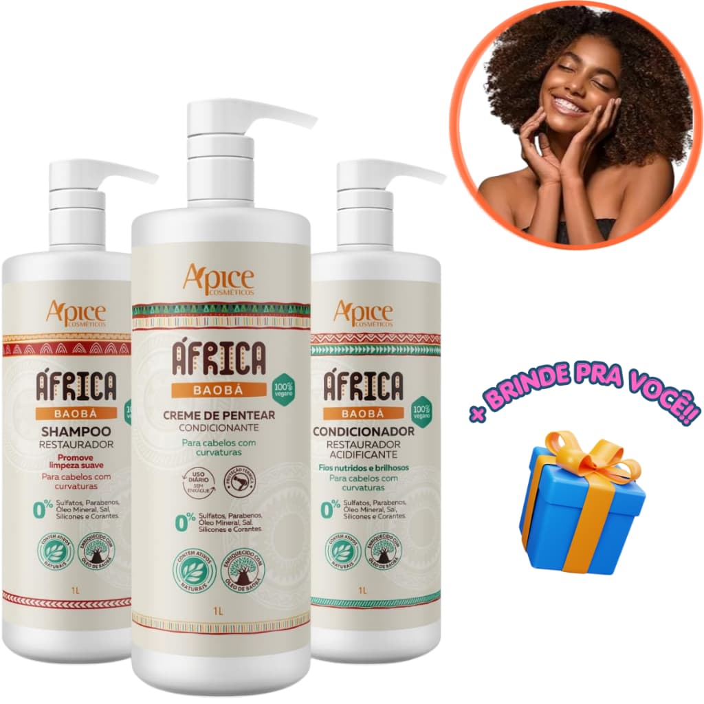 Apice África Baobá Shampoo 1 L e Condicionador 1 L e Creme de Pentear 1 L
