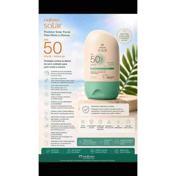 protetor solar facial pele mista a oleosa FPS 50 Sonar Natura