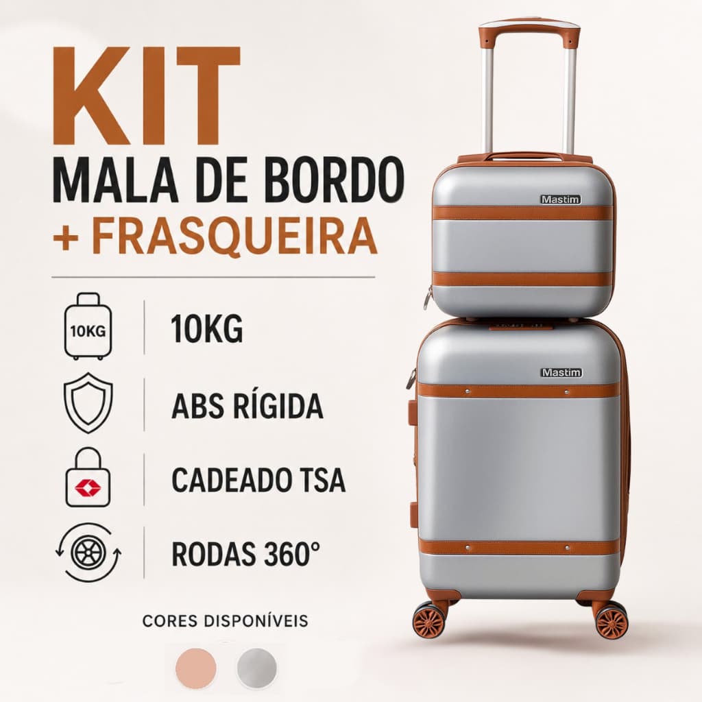 Mala de Viagem Bordo 10kg + Frasqueira | Rígida ABS com Cadeado TSA e Rodas 360°