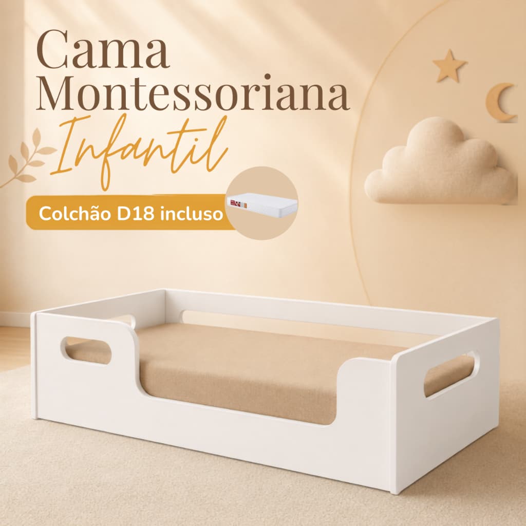Mini Cama Montessoriana Encanto Para Quarto Infantil MDF Branco - com Colchão D18 Incluso