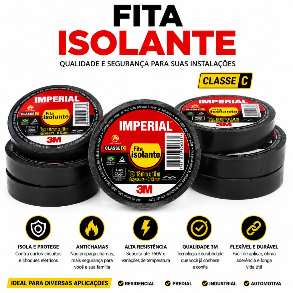 Fita Isolante Imperial 3M 5, 10 e 20 Metros Preta - 1un