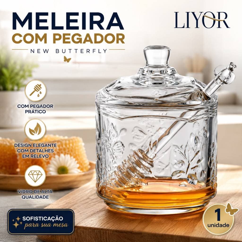 MELEIRA DE VIDRO COM PEGADOR DOSADOR NEW BUTTERFLY LIYOR TAMPA DECORADA PARA MEL E MESA POSTA 100ML
