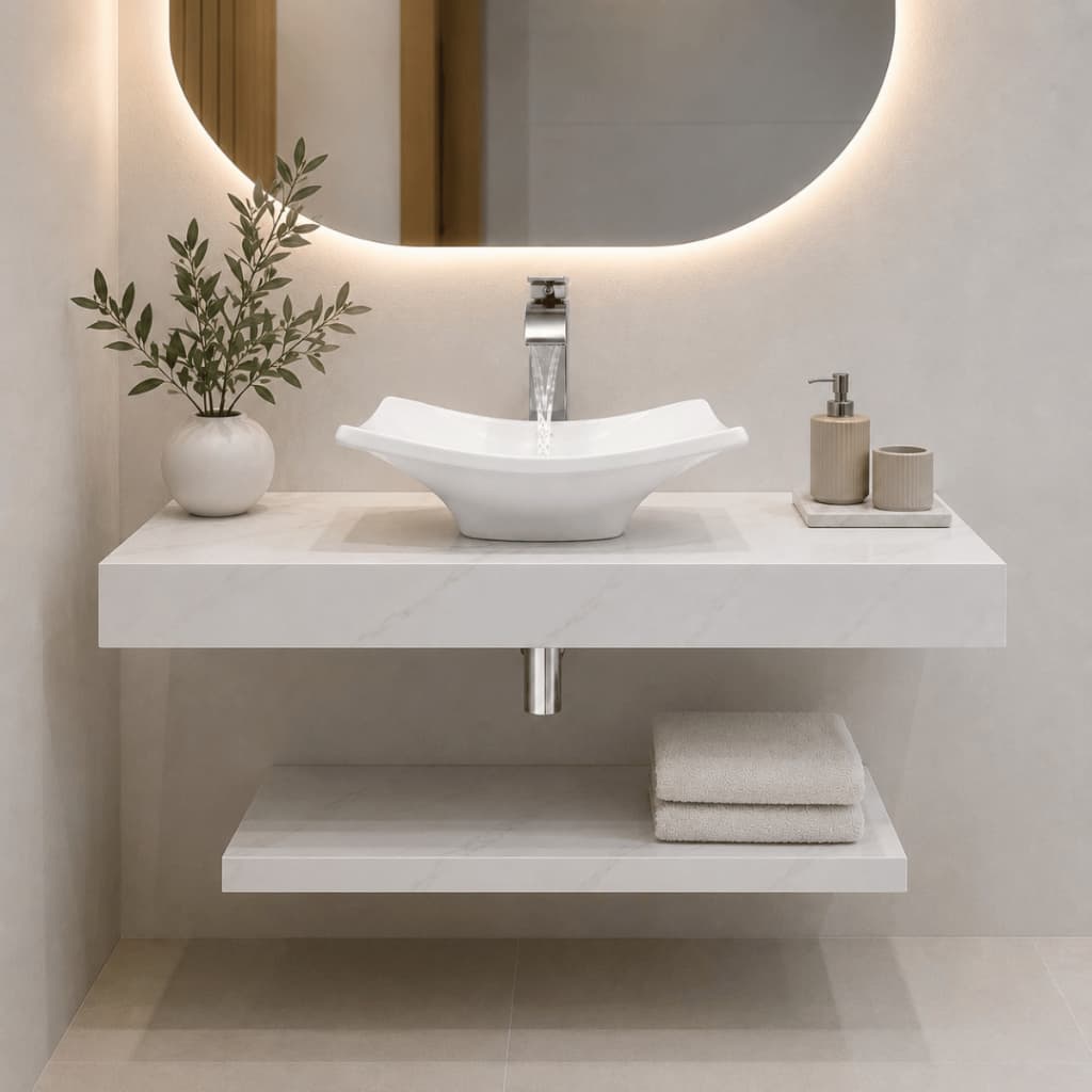 KIT COMPLETO Bancada Porcelanato + Prateleira + Cuba + Torneira p/ Banheiro Mega Oferta Envio Rápido