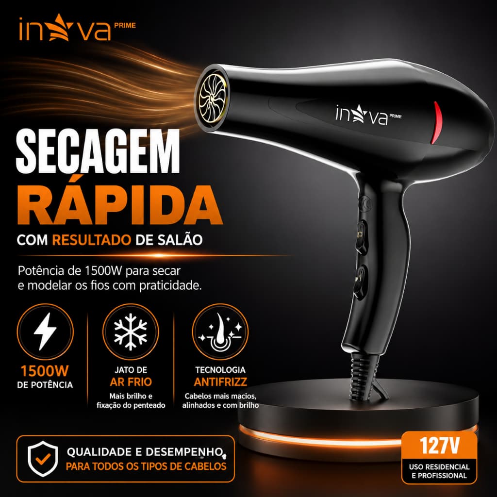 Secador de Cabelo Inova 1500W 127V Antifrizz Com Ar Frio Bico Direcionador Profissional Preto