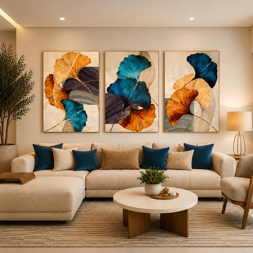 Quadro Decorativo 3 Peças Folhas Ginkgo Azul e Dourado Sala Quarto Hall Moderno Luxo Elegante