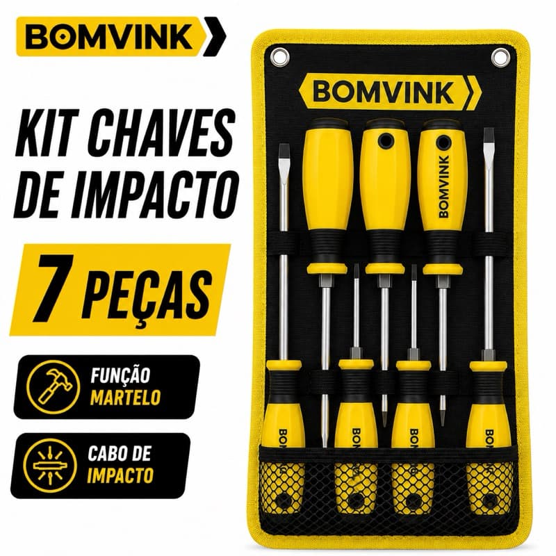 FERRAMENTA KIT DE 7 CHAVES DE FENDA E PHILLIPS COM CABO DE IMPACTO E FUNÇÃO DE MARTELO PROFISSIONAL