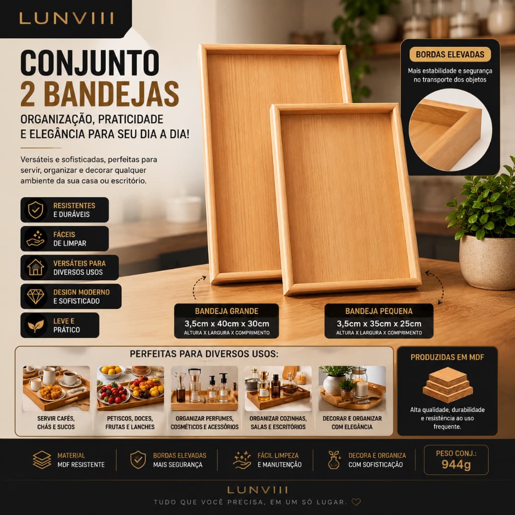 Conjunto 2 Bandejas Retangulares MDF Decorativa Organizadora Café e Decoração