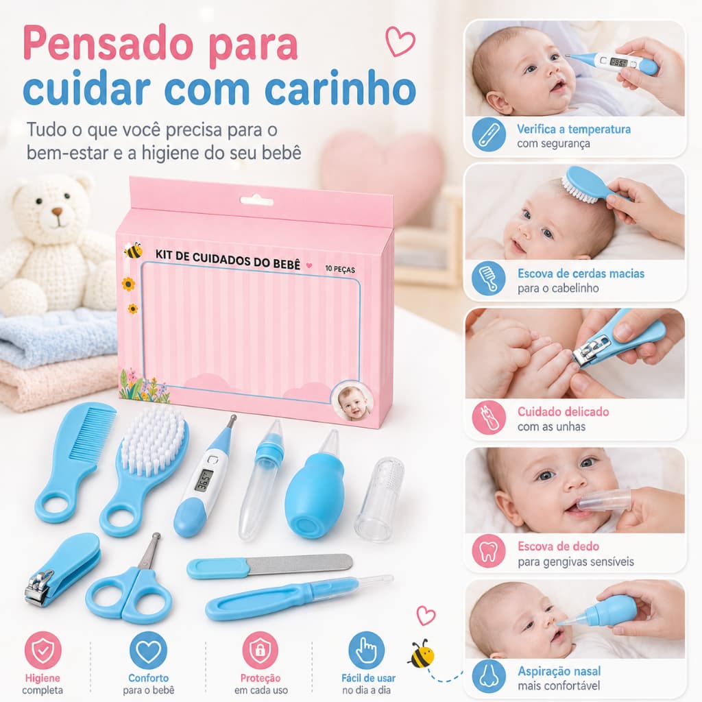 Kit Higiene Bebê 10 Peças Completo Recém Nascido Termômetro Aspirador Nasal Cortador Unha Escova Pente