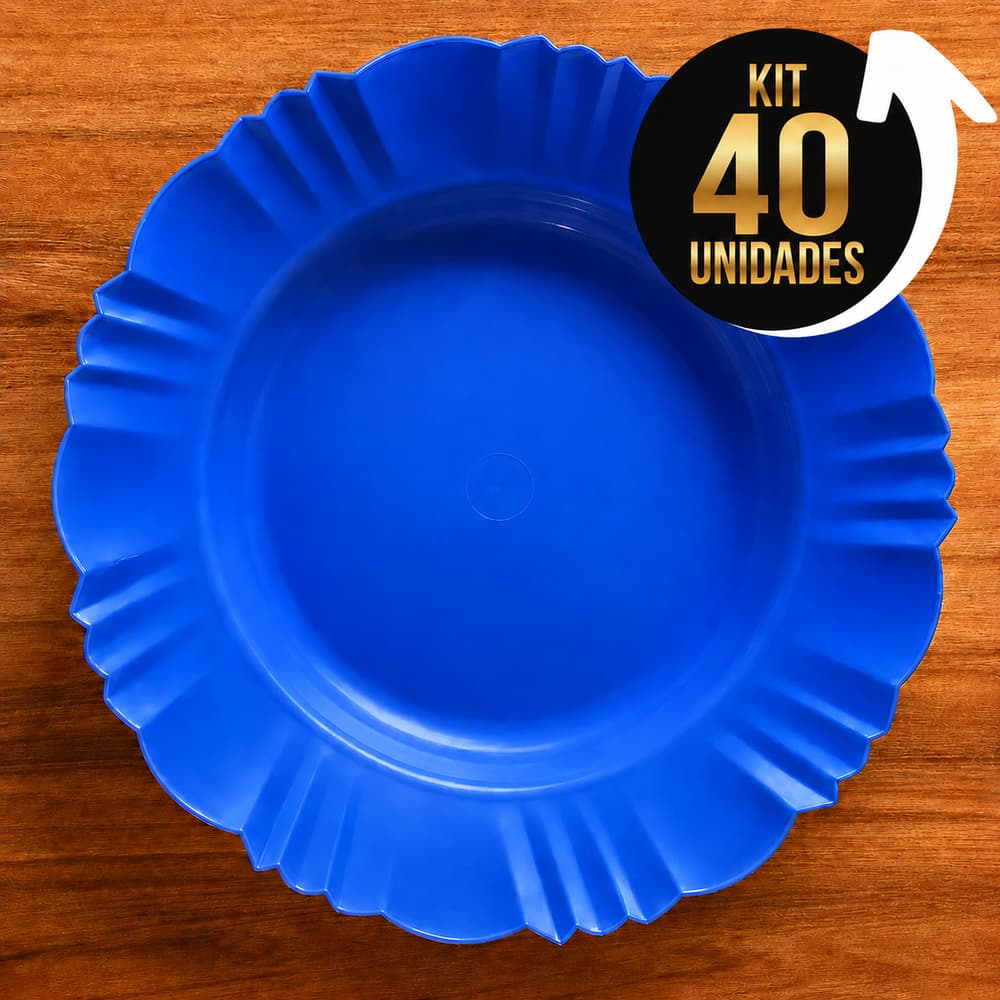 Kit 40 Pratos Fundos Redondos Azul Plástico com Borda Para Refeições