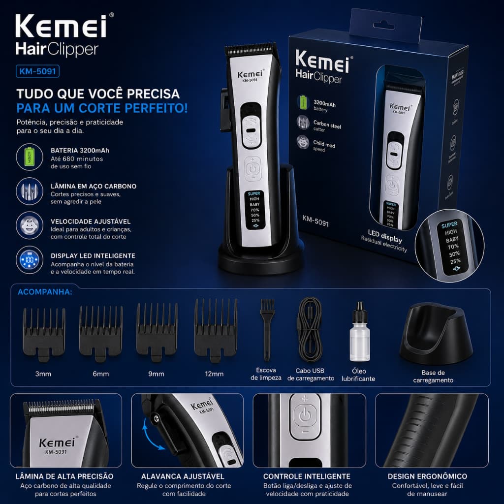 MÁQUINA DE CORTAR CABELO E BARBA RECARREGÁVEL LEMEI PROFISSINAO MAX 7000 CÓD:FN-SU-396