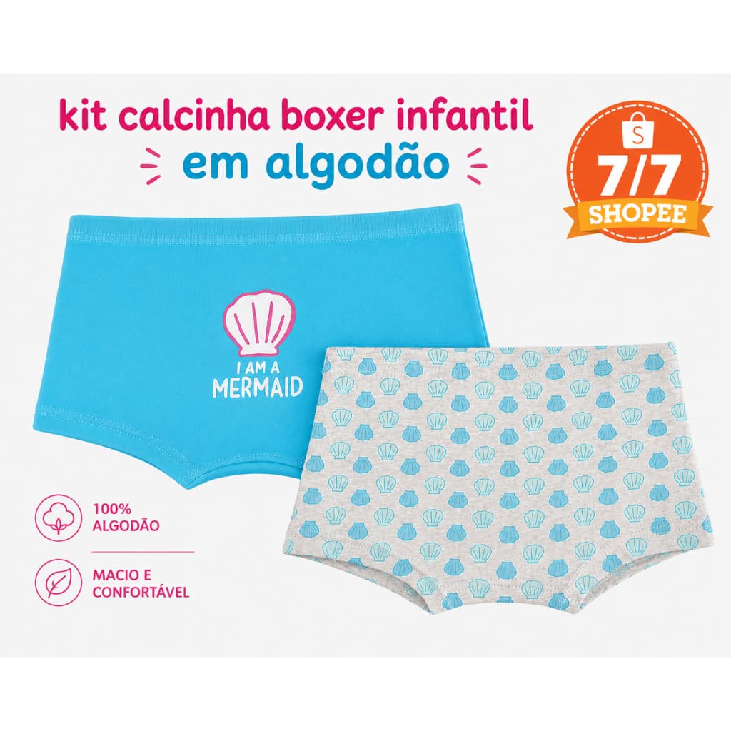 Kit 2 Calcinhas Boxer Shorts Infantil Menina Confortável Algodão Forro Duplo FOLLY