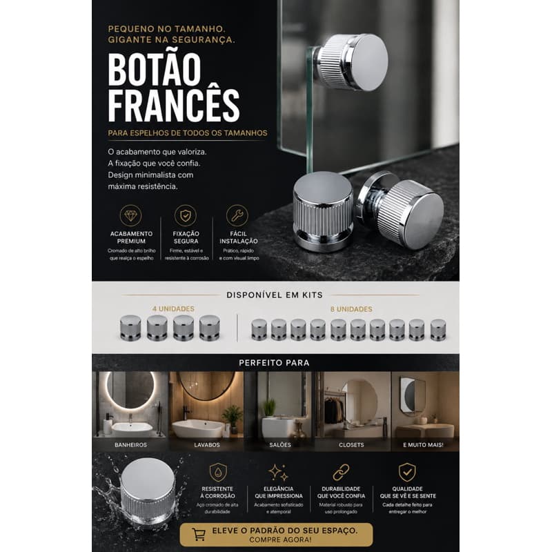 Botão Francês Cromado para Espelhos | Suporte Premium em ABS| Fixação Segura | Acabamento Elegante