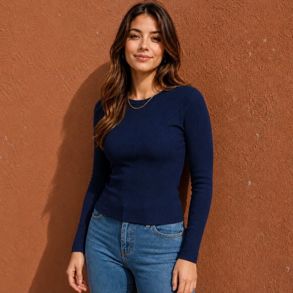 Blusa De Frio  Segunda Pele Femenina  Camiseta CANELADA Com Elastano Manga Longa Gola Redonda