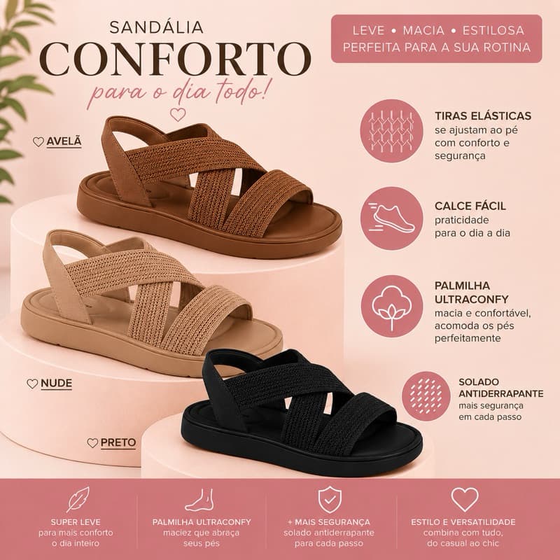 Sandália Papete Feminina Ortopédica Modare Ultraconforto Tiras Elásticas Confortáveis Calce Fácil