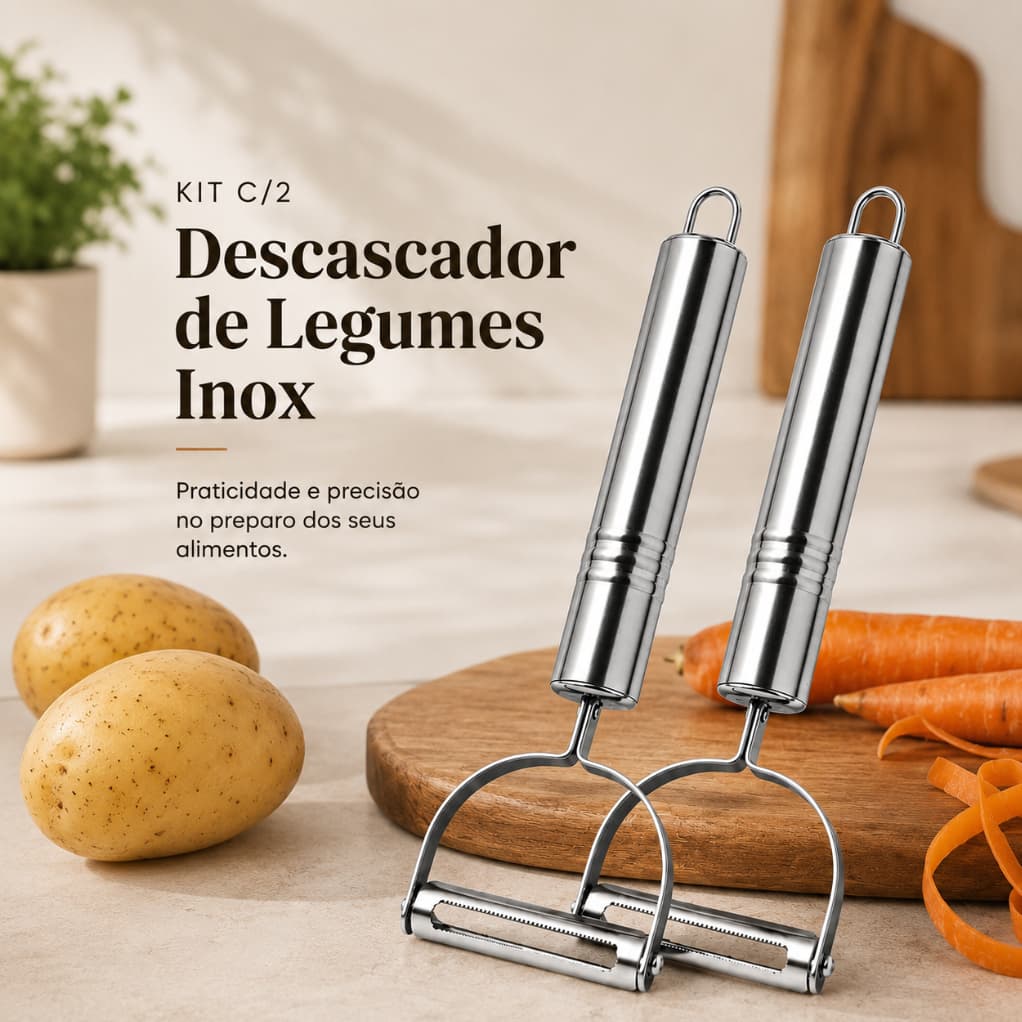 Kit c/2 Descascador de Legumes Inox Premium Profissional Corte Preciso Utensílio de Cozinha Aço Inoxidável