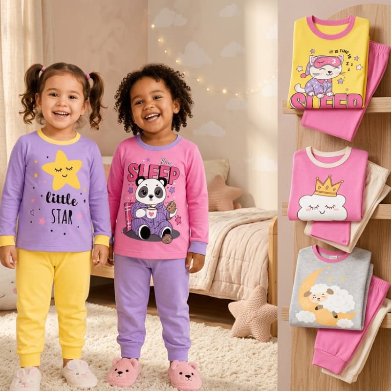 Pijama Infantil Menina Inverno 100% Algodão Manga Longa Tamanho 1 Ao 4 Roupa de Dormir Confortável